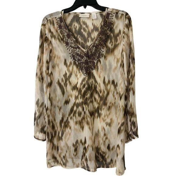Chico’s Tops - Chico’s Sheer Metal Embellishment Longline Split Sleeve Tunic Top Large Boho